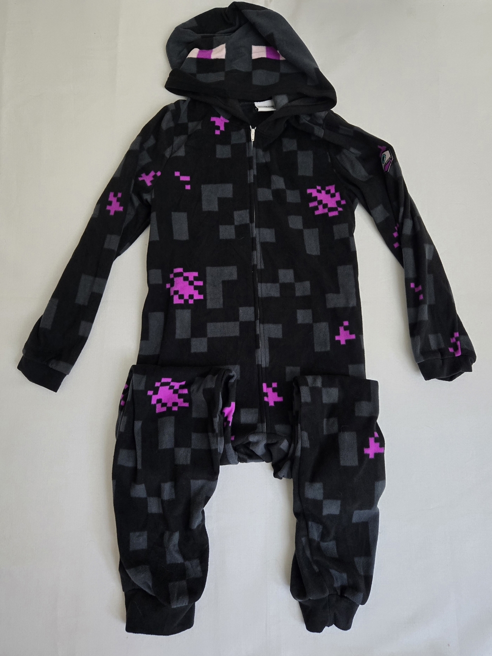 Boy's Mojang Minecraft Black& Purple Pixel Hooded Zip Front  Pajama,Size 14/16